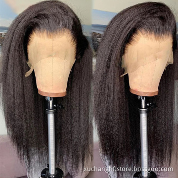 Hanfan Yaki Raw Human Hair Wig Brazilian Kinky Straight Lace Closure Wigs For Women Pre-plucked 13*4 Lace Frontal Yaki Wigs